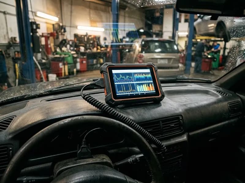 Tablet de diagnóstico ligado a um carro
