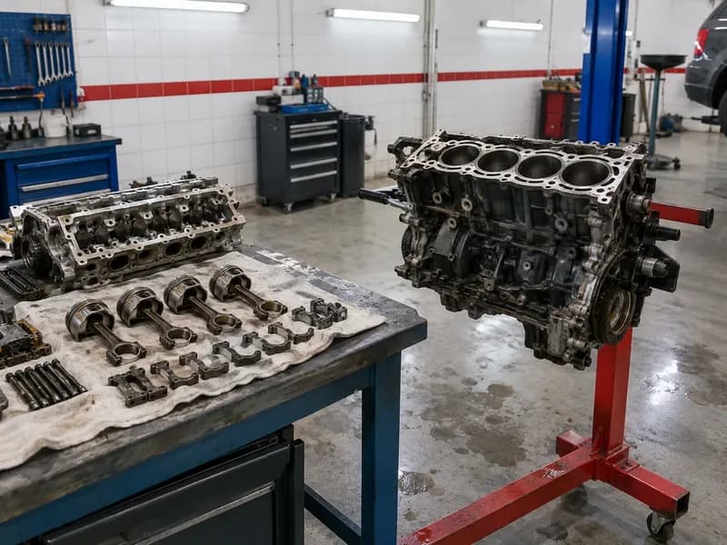 Bloco de motor num cavalete na oficina