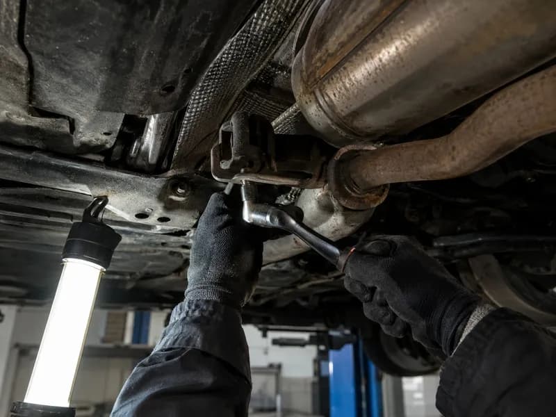 Mãos de mecânico a trabalhar por baixo de um carro